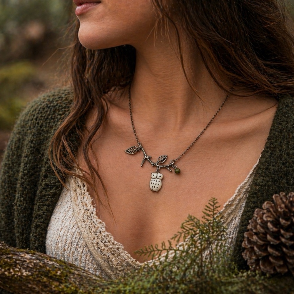 Vintage Owl Pendant Necklace Branch Leaves Woodland Boho Metal